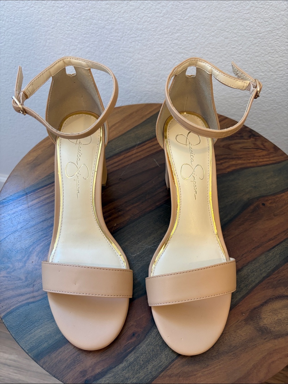 Jessica Simpson Beige Ankle-Strap Block Heel Sandals